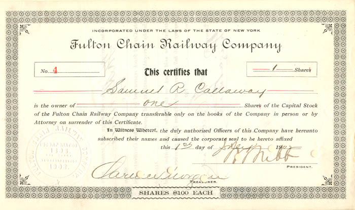 Fulton Chain Railway Co. signed by Wm. Seward Webb - Railroad Stock Certificate - Autograph